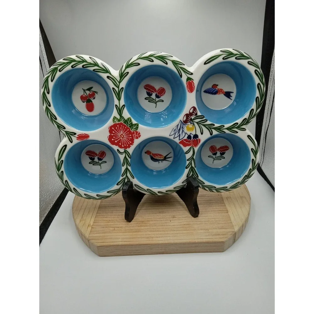 Potter's Studio ceramic painted floral bird‎ blue mult 6 cupcake/muffin bake pan
